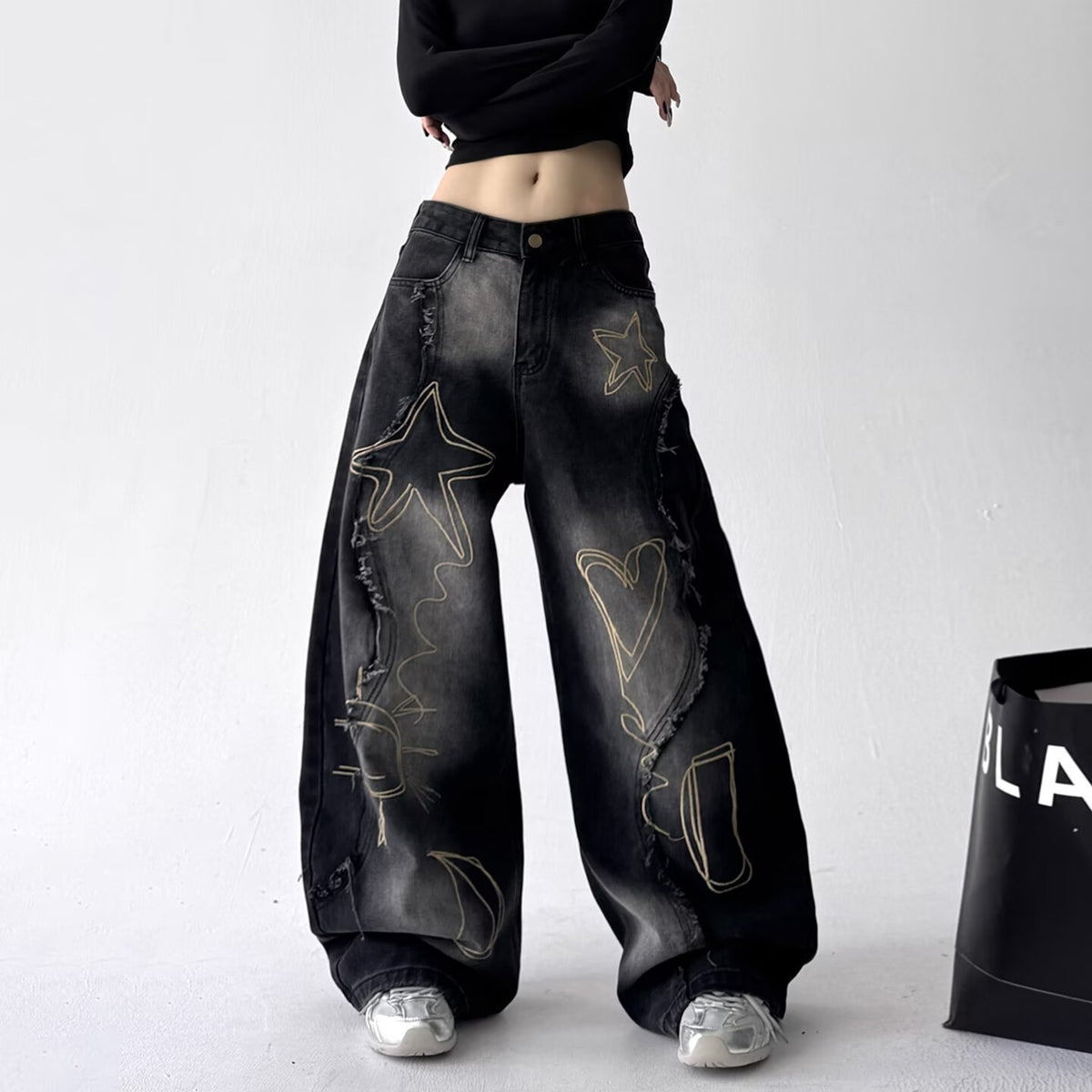 Retro Washed Embroidered Wide-Leg Jeans