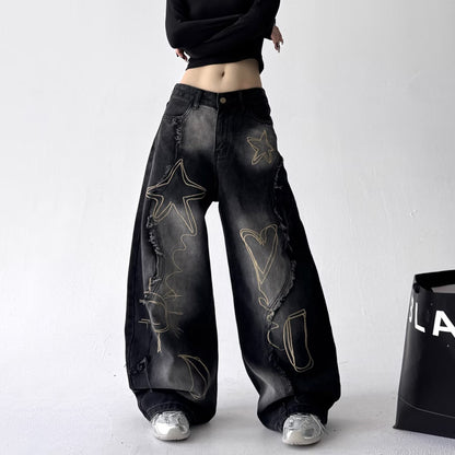 Retro Washed Embroidered Wide-Leg Jeans