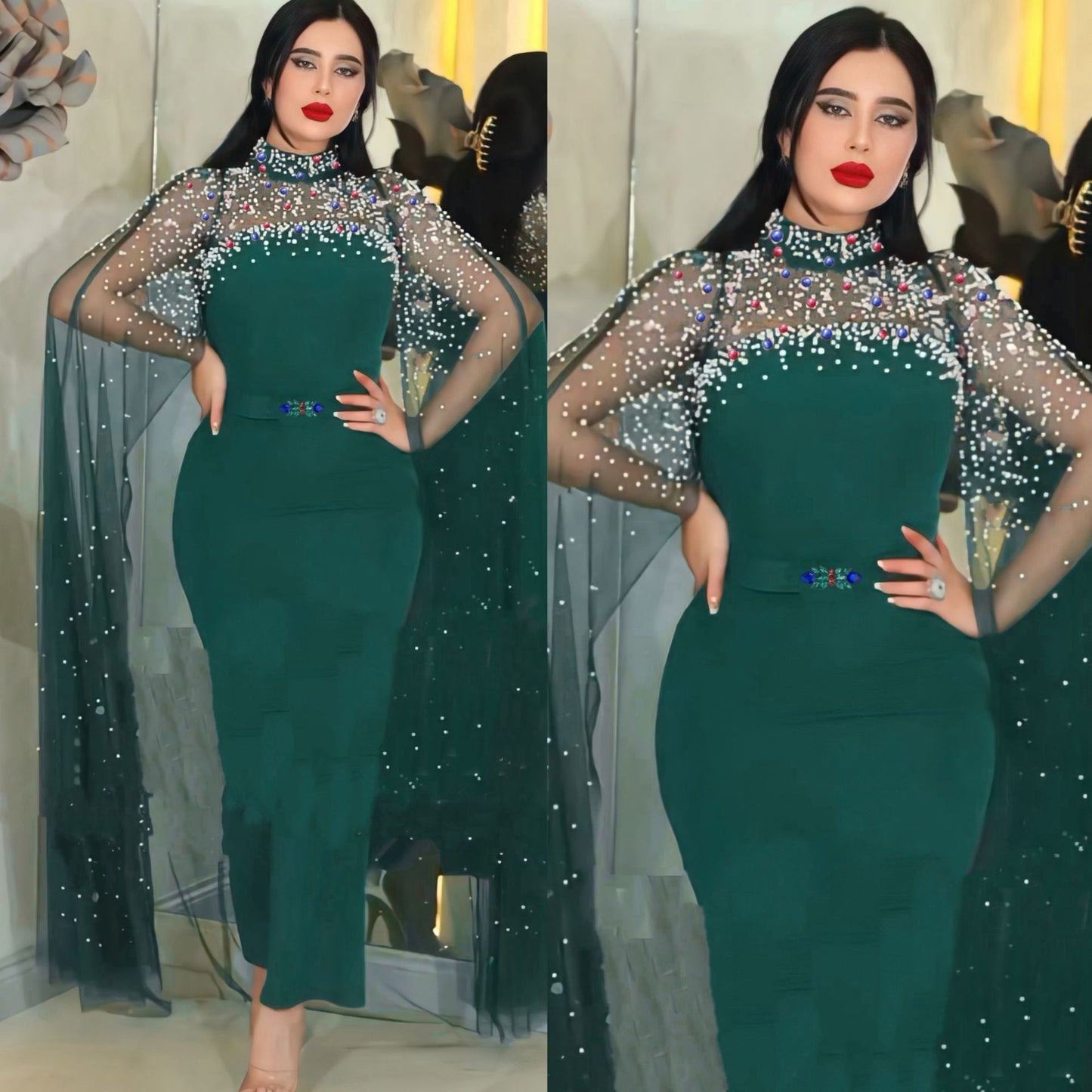 Luxe elegante Dubai damesjurk met mesh en versieringen