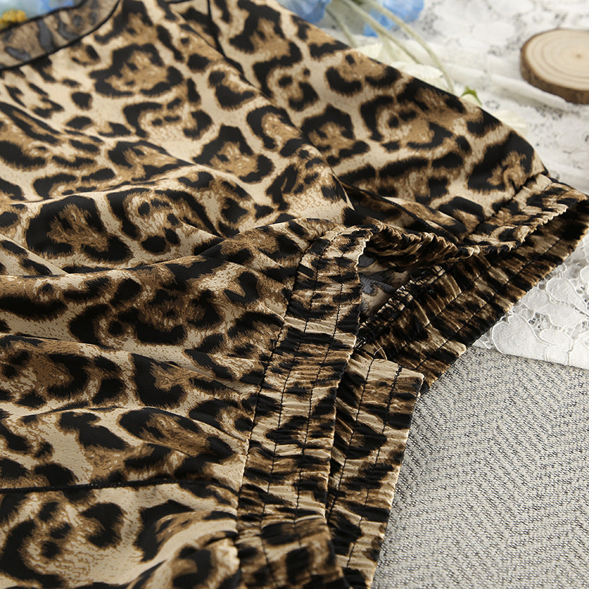 Summer Fashion Leopard Print 3-Piece Sleepwear Set, Lightweight Long Sleeve Crop Top amp Shorts, Stylish Women's Loungewear