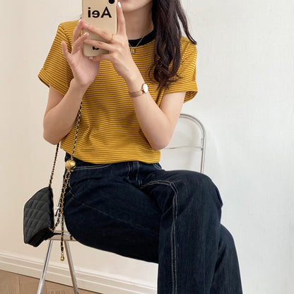Striped T-Shirt Short Sleeve Women's Summer Casual Round Neck Loose Fit Trendy Minimalist Student Top