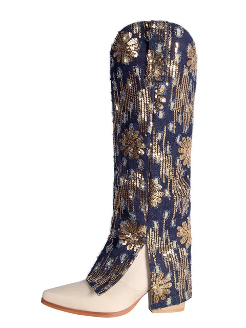 Glanzende denim hoge laarzen met dikke spitse hakken pailletten en oversized boorden