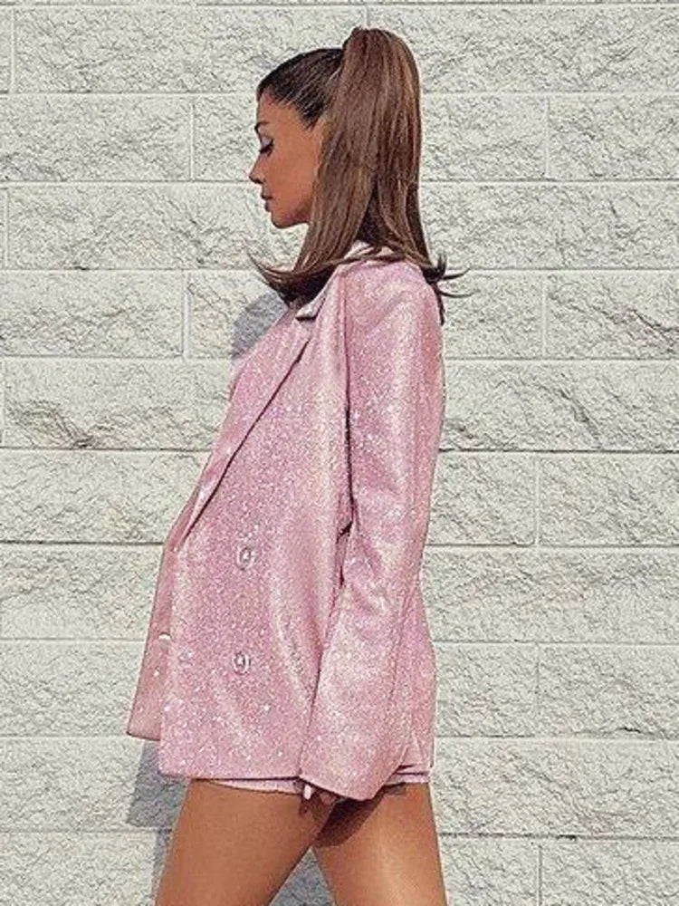 Damesblazerjurk met revers enkele rij knopen lange mouwen pailletten en lage taille