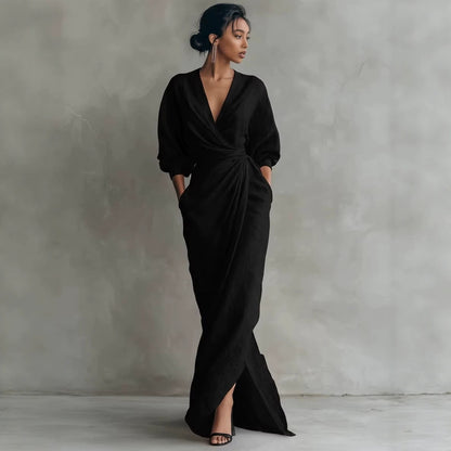 Elegant V-Neck Long Sleeve Waist-Cinching Dress