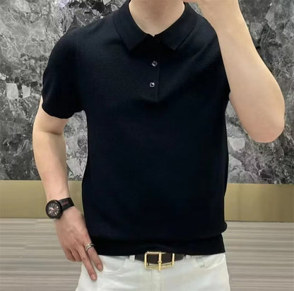 Fashion Casual Lapel Pure Color Polo Shirt Casual Knitted Short-Sleeved Men's Summer New Breathable Trendy Men's T-Shirt