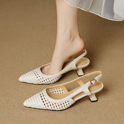 Super Leather French-style pointed-toe hollow-woven platform high heels