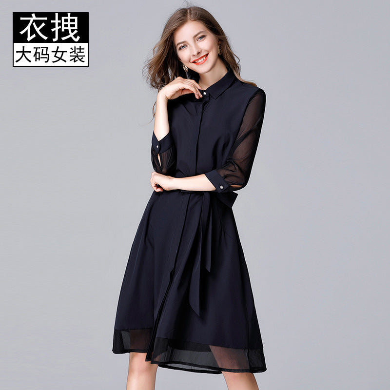 Clearance breasted dress Spring and Autumn new simple stitching cardigan dress plus-sized plus size 100.00kg