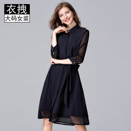 Clearance breasted dress Spring and Autumn new simple stitching cardigan dress plus-sized plus size 100.00kg