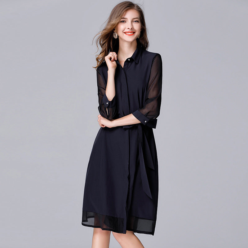 Clearance breasted dress Spring and Autumn new simple stitching cardigan dress plus-sized plus size 100.00kg