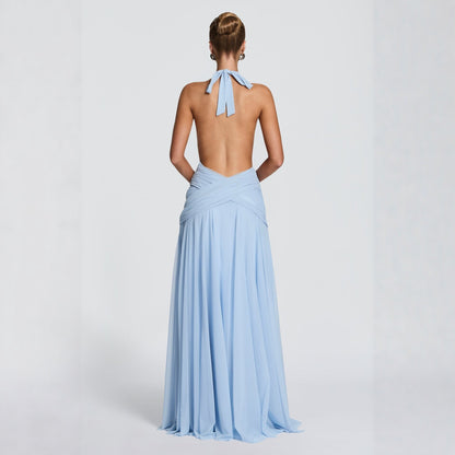 Halterjurk van chiffon met een rok van mesh