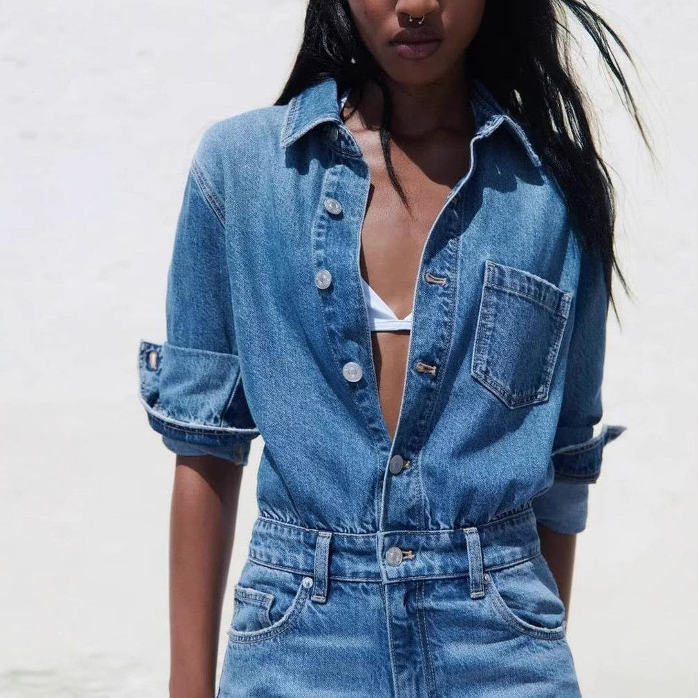 Long Sleeve Washed Denim Jumpsuit