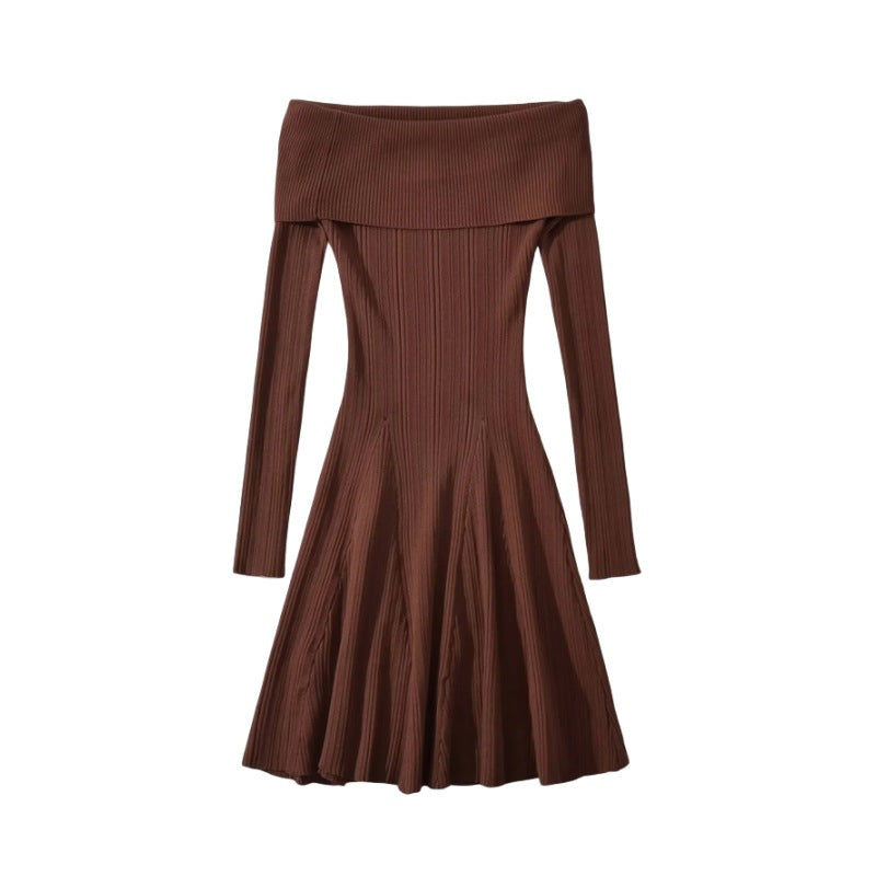 Sexy Off-Shoulder Long Sleeve Knitted Dress Women Pleated Slim Fit Short Skirt