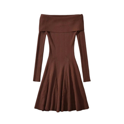 Sexy Off-Shoulder Long Sleeve Knitted Dress Women Pleated Slim Fit Short Skirt