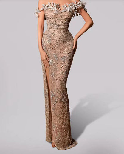 Hangemaakte sexy strapless lange jurk met één schouder decoratieve details split en pailletten