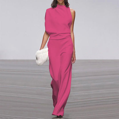 Womens Solid Color One Shoulder Ruched Collar Jumpsuit