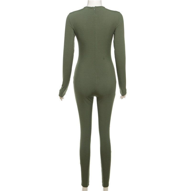 Style Solid Color High-Waisted Skinny Bodycon Jumpsuit Women Streetwear Sporty Fashion