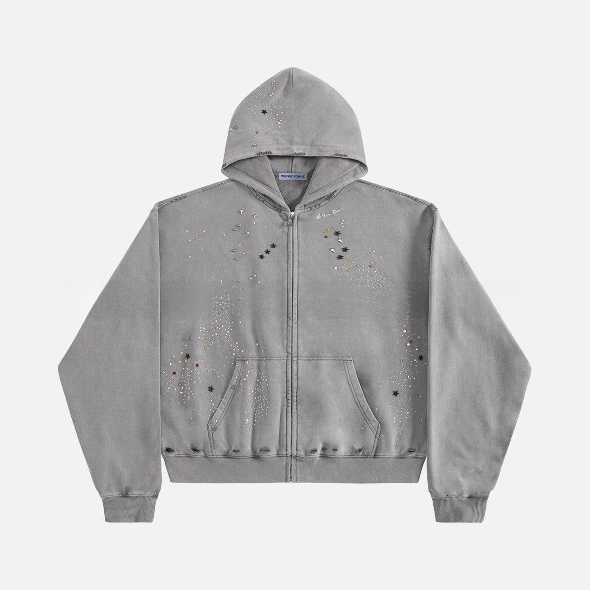 Rhinestone Hooded Sweatshirt Retro Washed Unisex