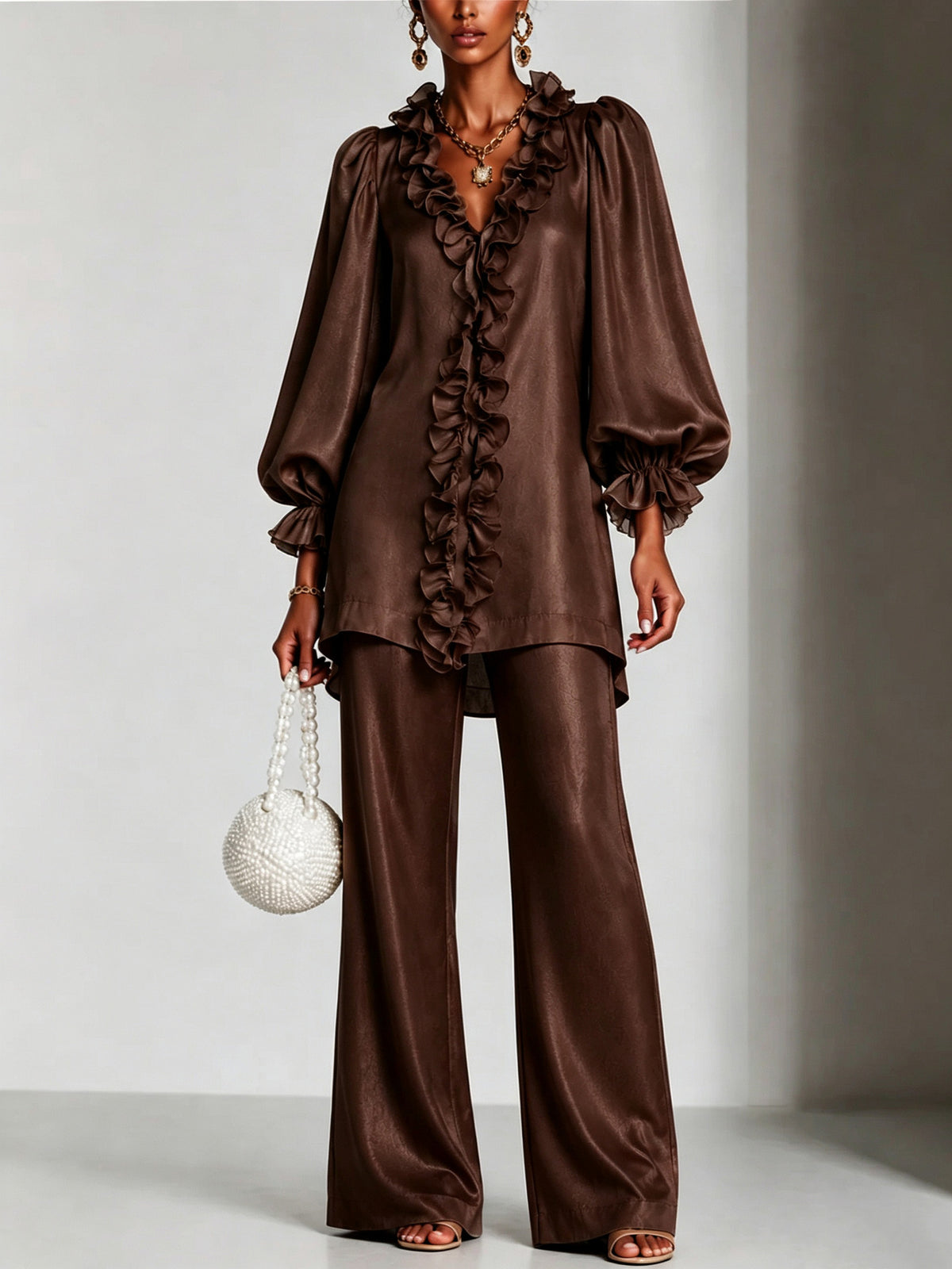 long-sleeve lace V-neck solid color women's clothing