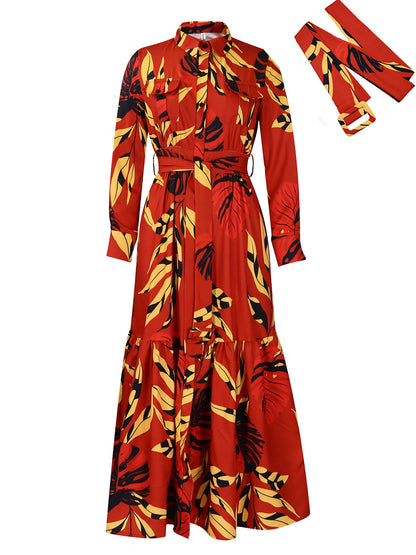 Revers vetersluiting bedrukt lange mouwenmaxi-jurk