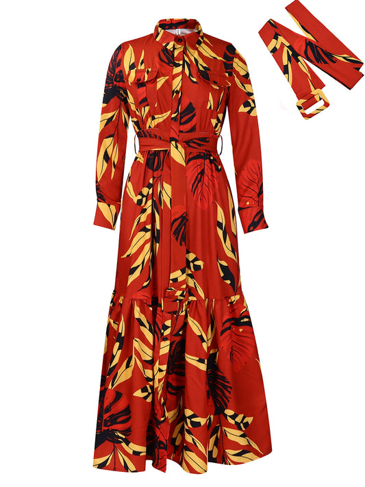 Revers vetersluiting bedrukt lange mouwenmaxi-jurk