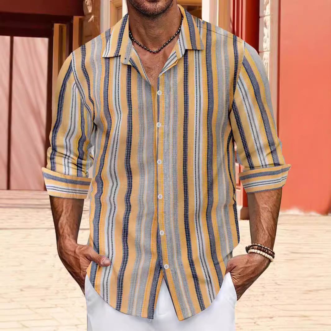 Cotton and linen single breasted men's lapel long sleeved shirt