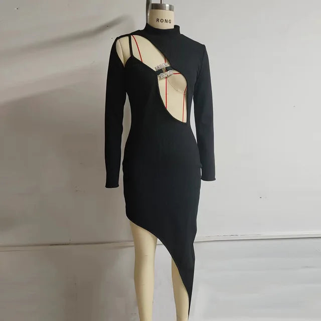 Women's Sexy Black Diamonds Hollow Out Split Irregular Bodycon Bandage Dress Elegant Party Celebrity Dresses Gown