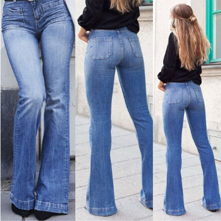 Sexy flared jeans met wijde pijpen en opgestikte zakken