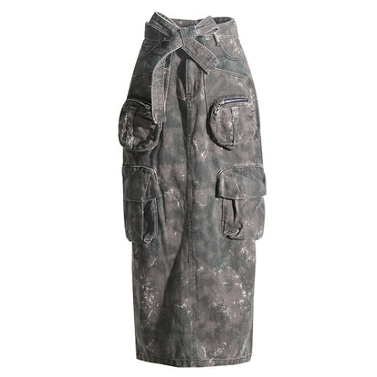 Veelzijdige cargo denim camouflageprint midi-rok met zakken split en ceintuur