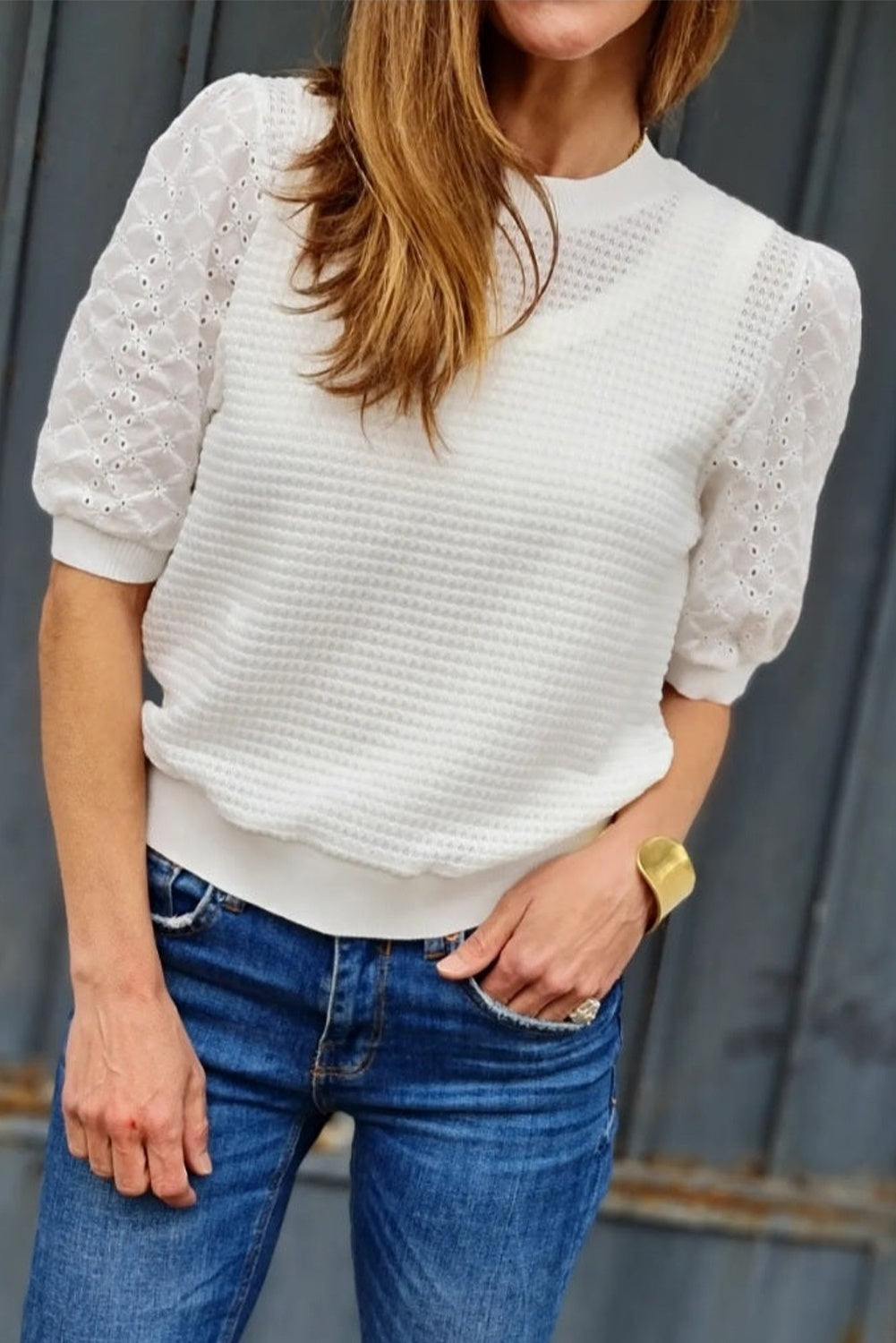 Witte Broderie Anglaise Puff Sleeve Waffle Top