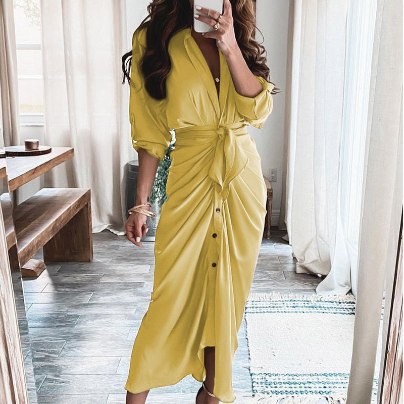 Women Summer Elegant Button Ruched Bandage Shirt Dress Fashion Casual Short Sleeve Solid V Neck Beach Maxi Dress