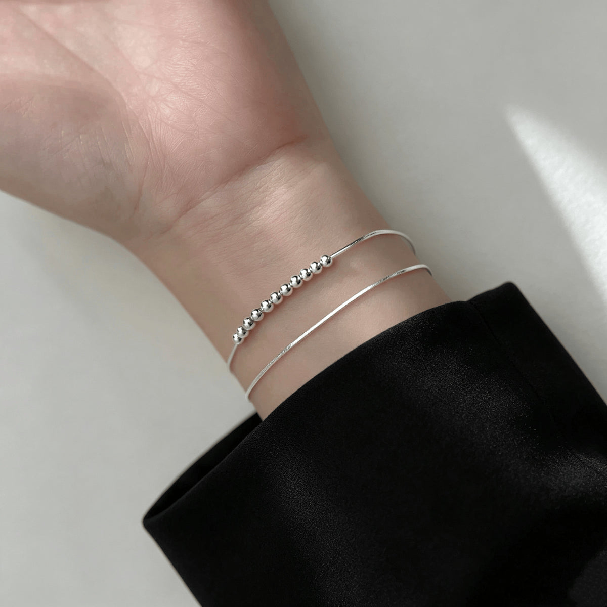 Double Layer Snake Bone Chain Silver Bead Bracelet