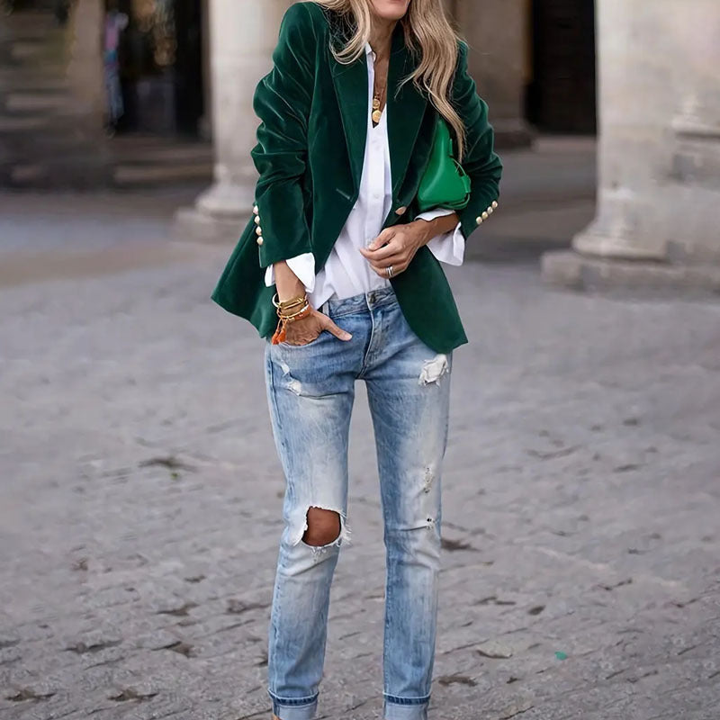 Zakelijke Fluwelen Revers Slanke Enkelrijs Blazer