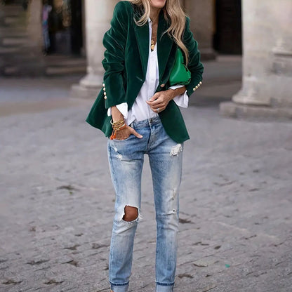 Zakelijke Fluwelen Revers Slanke Enkelrijs Blazer