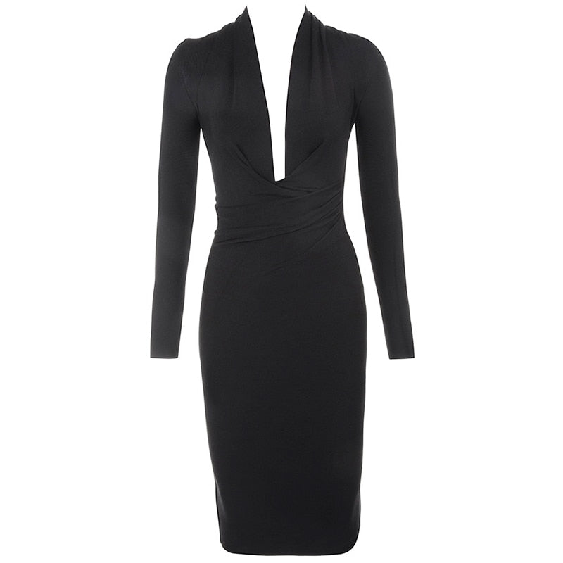 Black V Neck Long Sleeve Lady's Party Dresses Newest Spring Sexy Bodycon Elastic Midi Bandage Dress