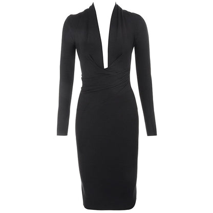 Black V Neck Long Sleeve Lady's Party Dresses Newest Spring Sexy Bodycon Elastic Midi Bandage Dress