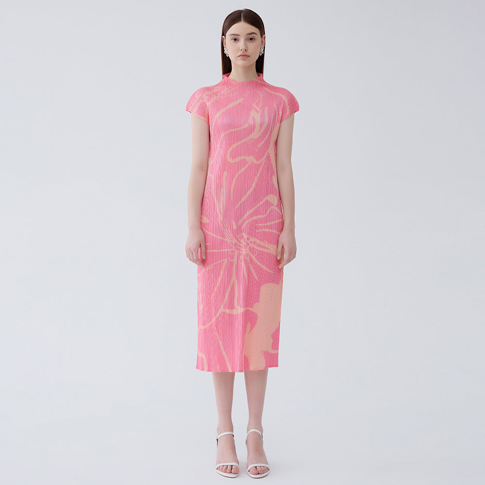 Summer new gentle pink temperament slim waist small sleeves printed pleated temperament dress for women
