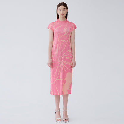 Summer new gentle pink temperament slim waist small sleeves printed pleated temperament dress for women