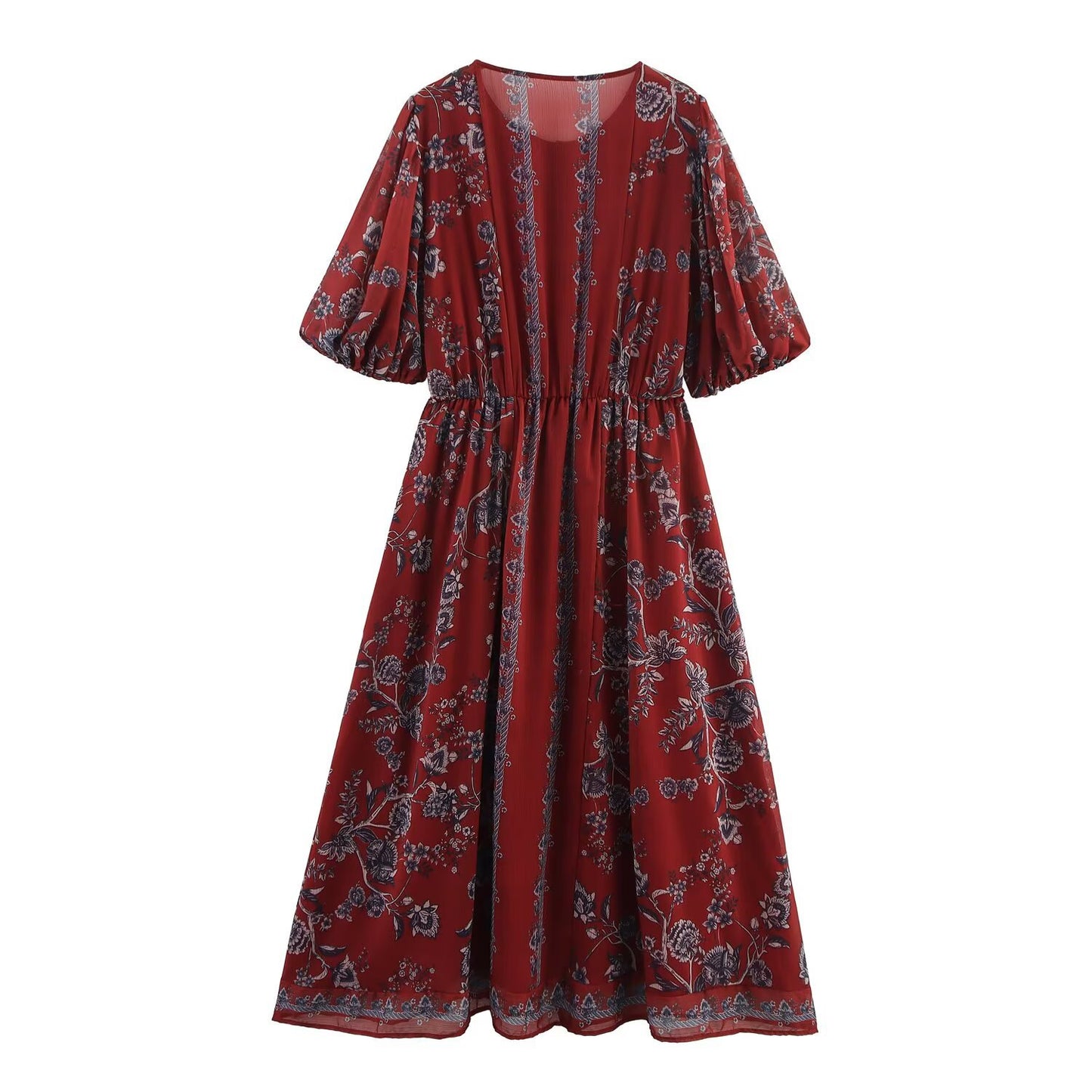 Plus size maxi-jurk met ronde hals etnische stijlprint korte pofmouwen en enkele rij knopen