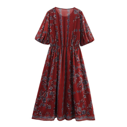 Plus size maxi-jurk met ronde hals etnische stijlprint korte pofmouwen en enkele rij knopen