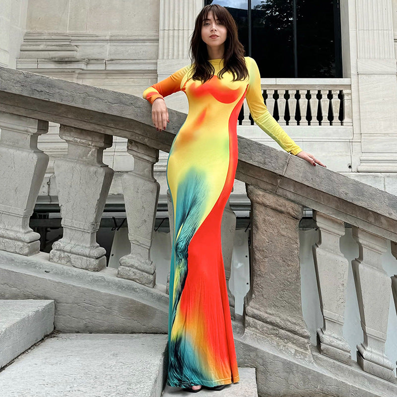 Women's Summer New Long Sleeve Slim Body-Shaping Printed Dress