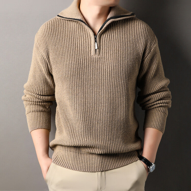 Men's Solid Color Long-Sleeve Turn-Down Collar Knitted Sweater