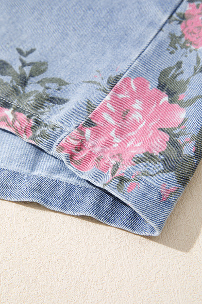 Denim jurk met bloemenprint korte mouwen manchetten zakken en knoopsluiting