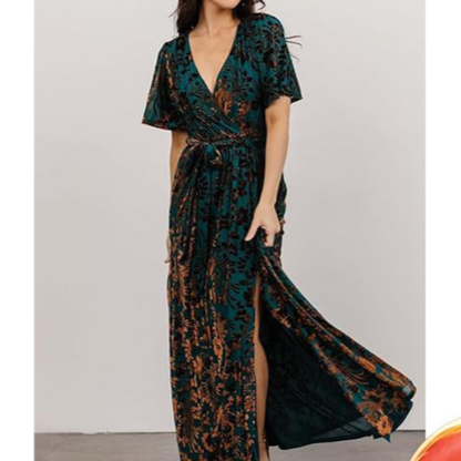 Elegant V-Neck Long Dress Slit High-Waist