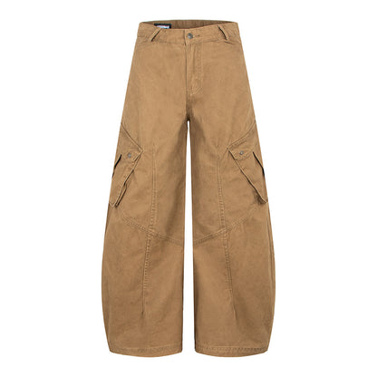 Vintage geplooide cargo broek met opgestikte zakken en wijde pijpen
