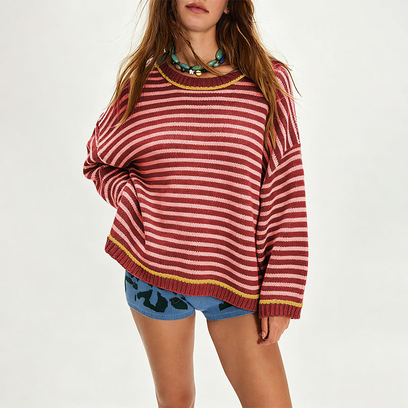Round neck loose striped long sleeved sweater