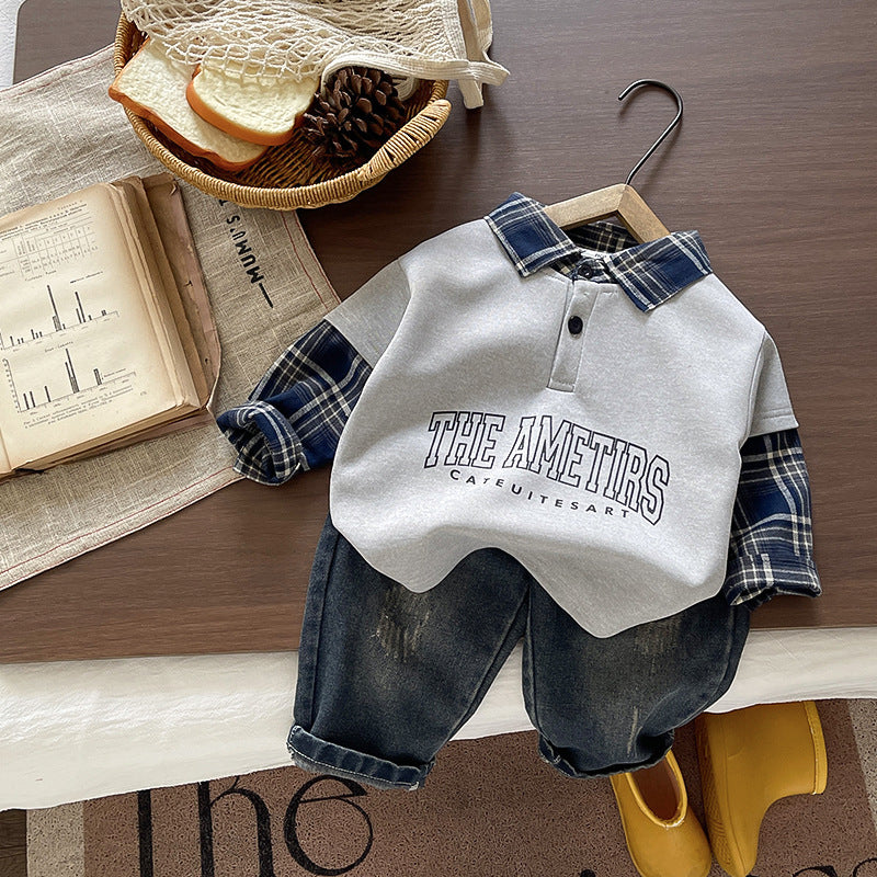 Autumn placket long sleeved two-piece set for infants and children