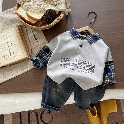 Autumn placket long sleeved two-piece set for infants and children