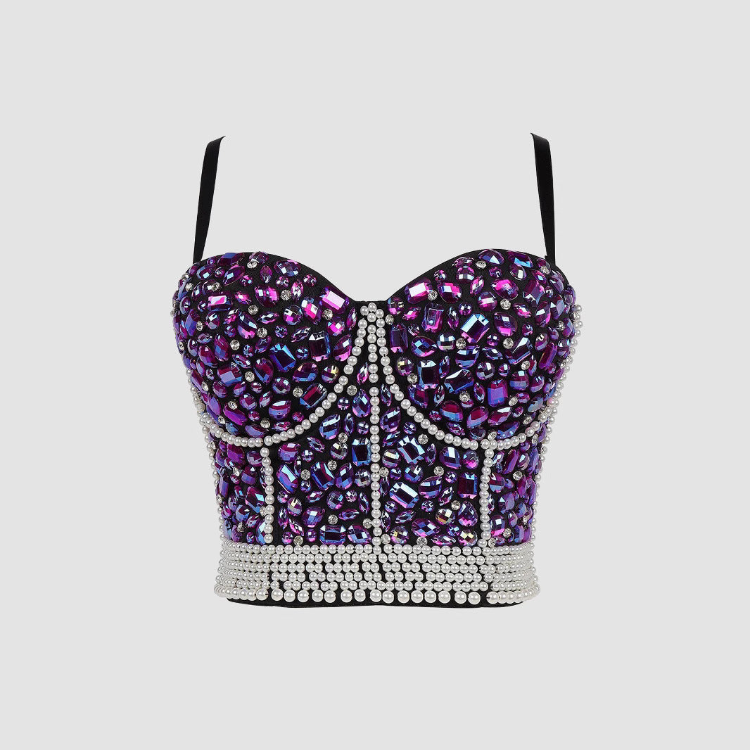 Rhinestone Beaded Fitted Bustier Bralette Camisole Small Strap