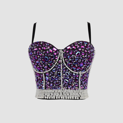 Rhinestone Beaded Fitted Bustier Bralette Camisole Small Strap