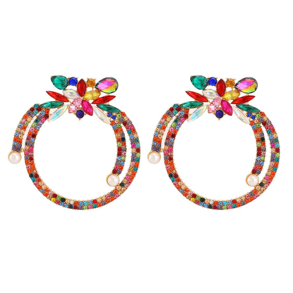 Fashionable circular metal full color crystal trendy earrings